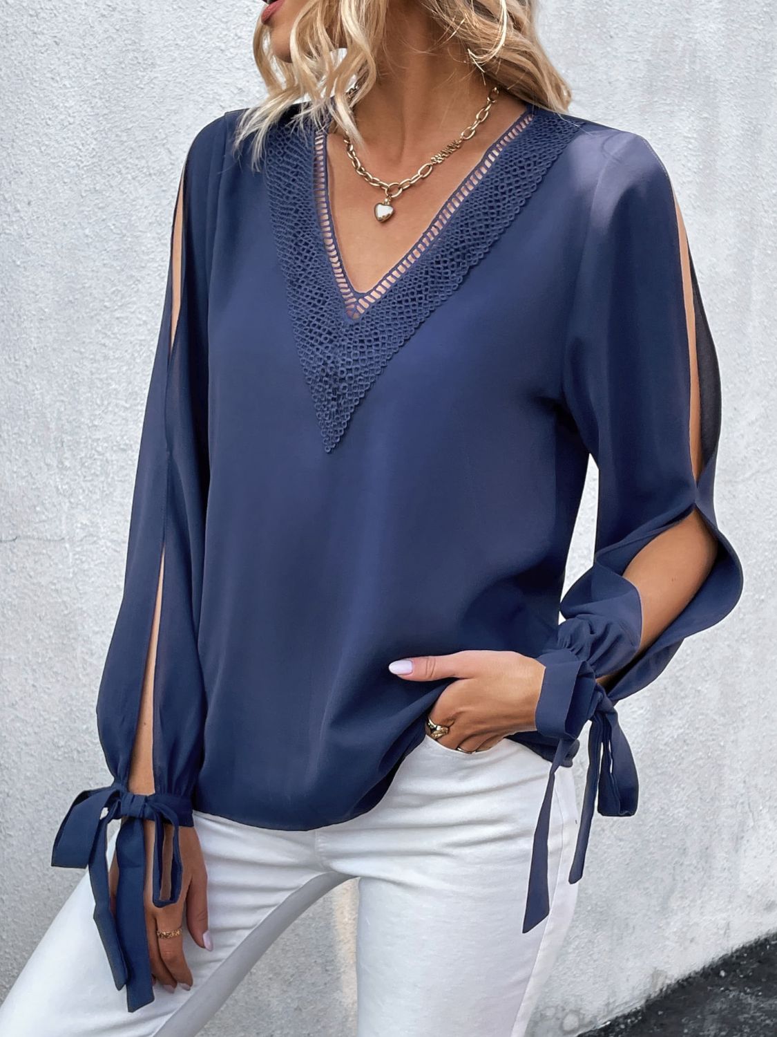 Double Take V-Neck Tie Cuff Slit Blouse