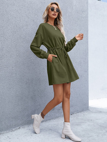 Drawstring Round Neck Dropped Shoulder Mini Dress