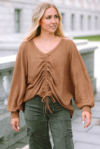 Drawstring Ruched V-Neck Blouse