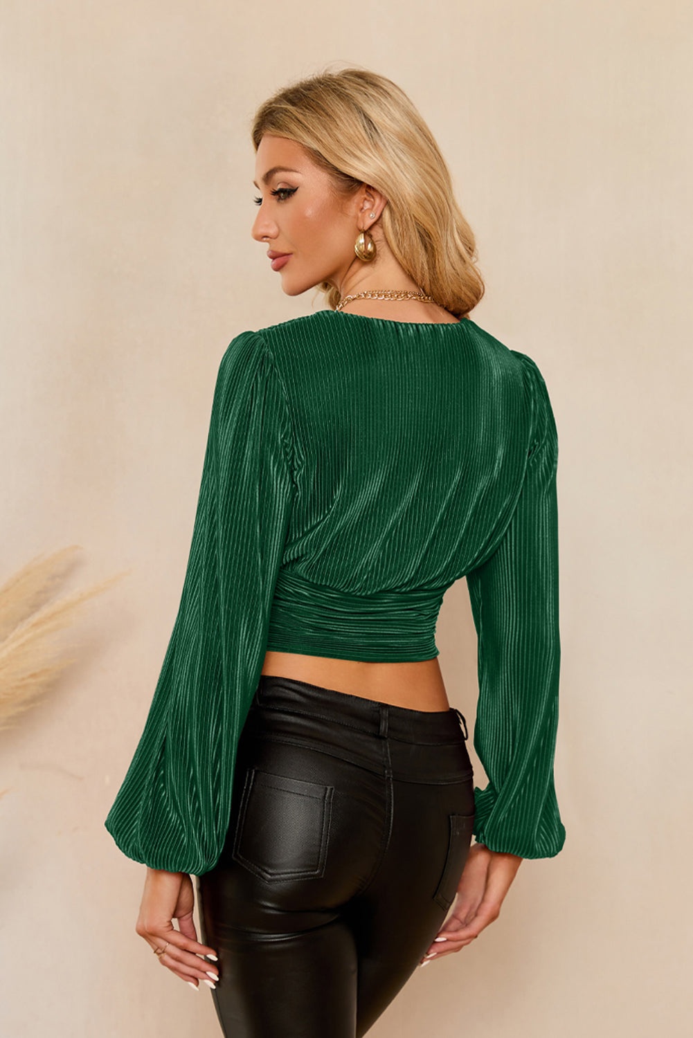 Drawstring V-Neck Balloon Sleeve Blouse