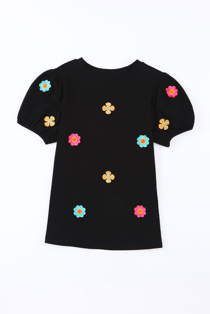 Embroidered Flower Round Neck Puff Sleeve Top