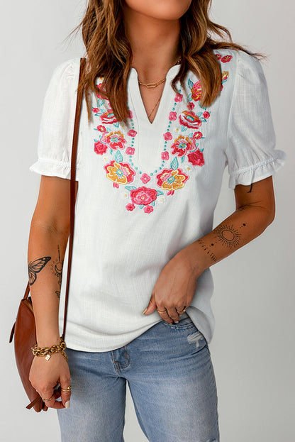 Embroidered Notched Neck Flounce Sleeve Top