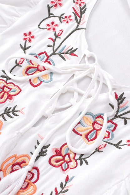 Embroidered Tie Neck Cap Sleeve Blouse