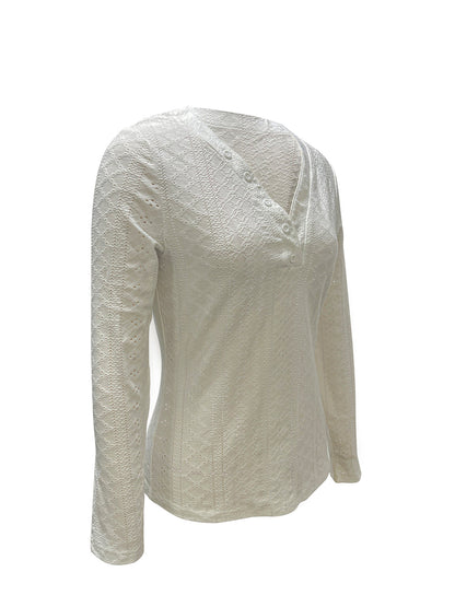 Eyelet Decorative Button V-Neck Blouse