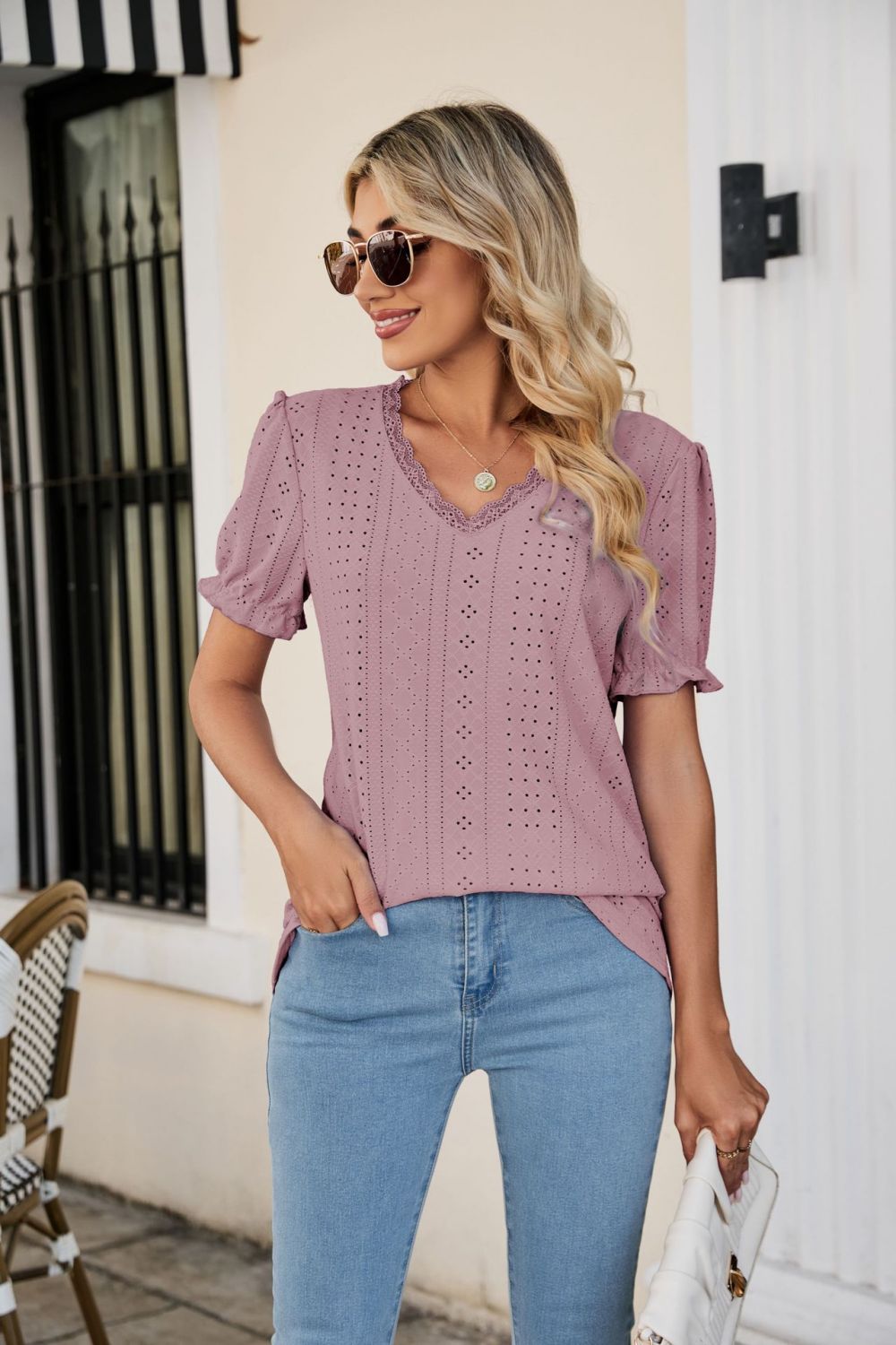 Eyelet Flounce Sleeve Scalloped V-Neck Top