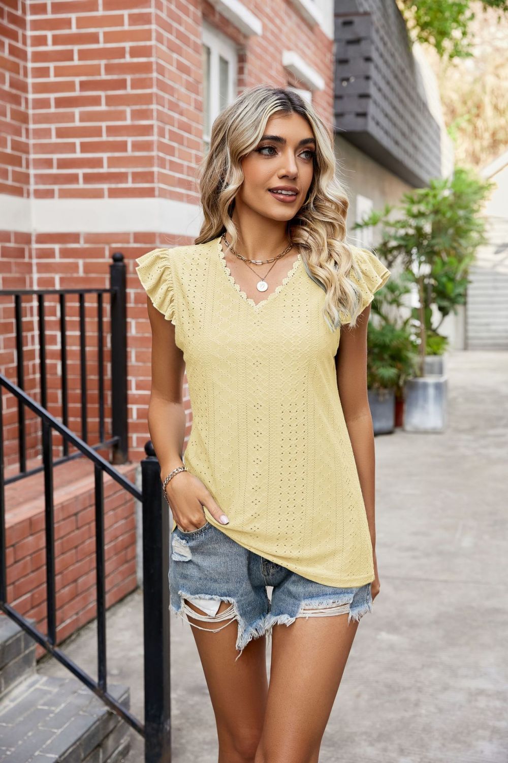 Eyelet Flutter Sleeve Scalloped V-Neck Top