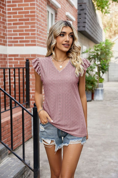 Eyelet Flutter Sleeve Scalloped V-Neck Top