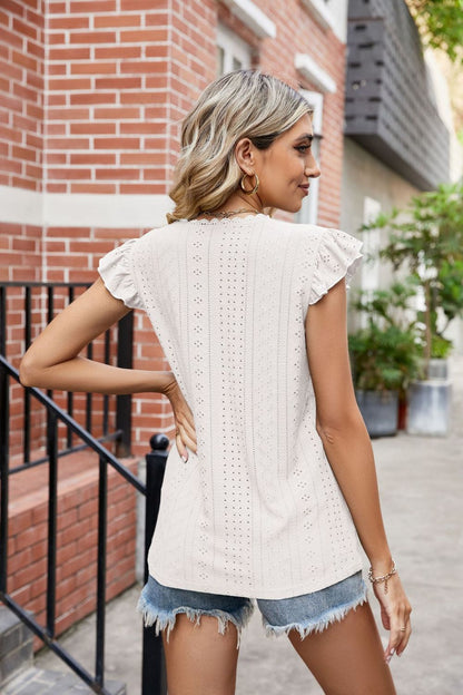 Eyelet Flutter Sleeve Scalloped V-Neck Top