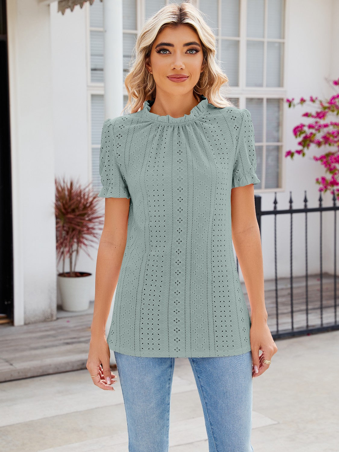 Eyelet Frill Mock Neck Flounce Sleeve Blouse