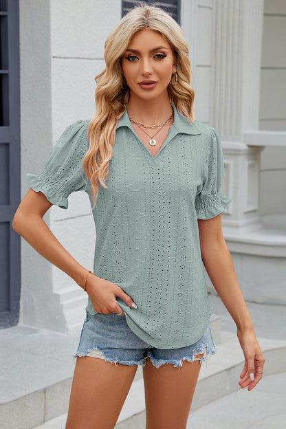 Eyelet Johnny Collar Short Sleeve Blouse