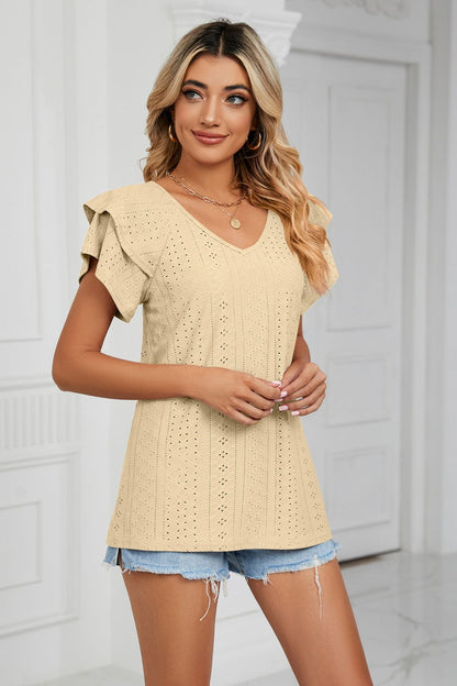 Eyelet Layered Flutter Sleeve V-Neck Knit Top