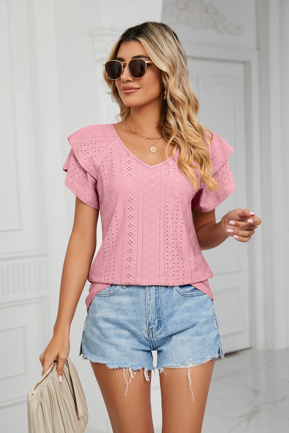 Eyelet Layered Flutter Sleeve V-Neck Knit Top