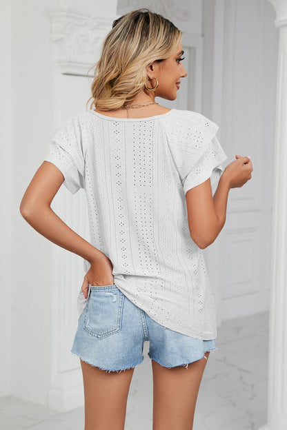 Eyelet Layered Flutter Sleeve V-Neck Knit Top