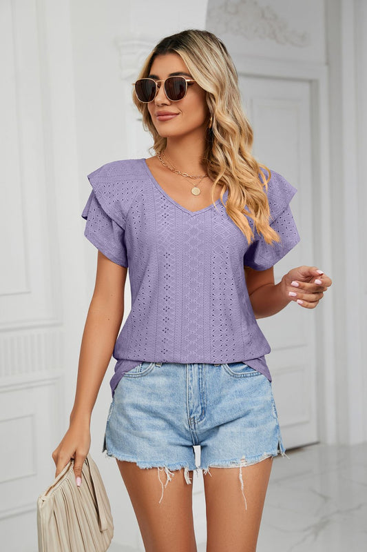 Eyelet Layered Flutter Sleeve V-Neck Knit Top