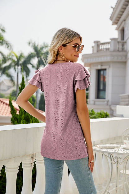 Eyelet Layered Flutter Sleeve V-Neck Top