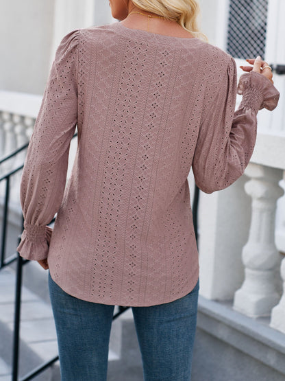 Eyelet Notched Flounce Sleeve Blouse