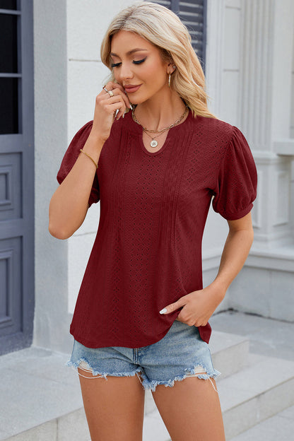 Eyelet Notched Puff Sleeve Blouse