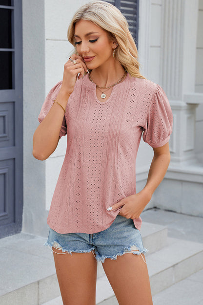 Eyelet Notched Puff Sleeve Blouse