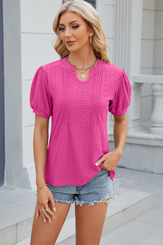 Eyelet Notched Puff Sleeve Blouse