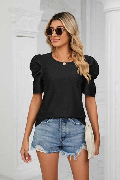 Eyelet Puff Sleeve Round Neck Blouse