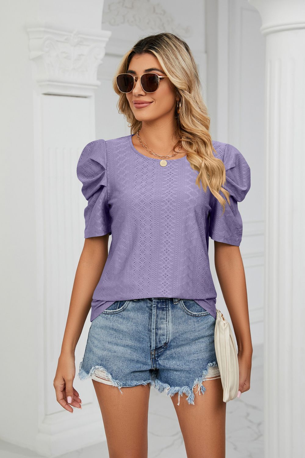 Eyelet Puff Sleeve Round Neck Blouse