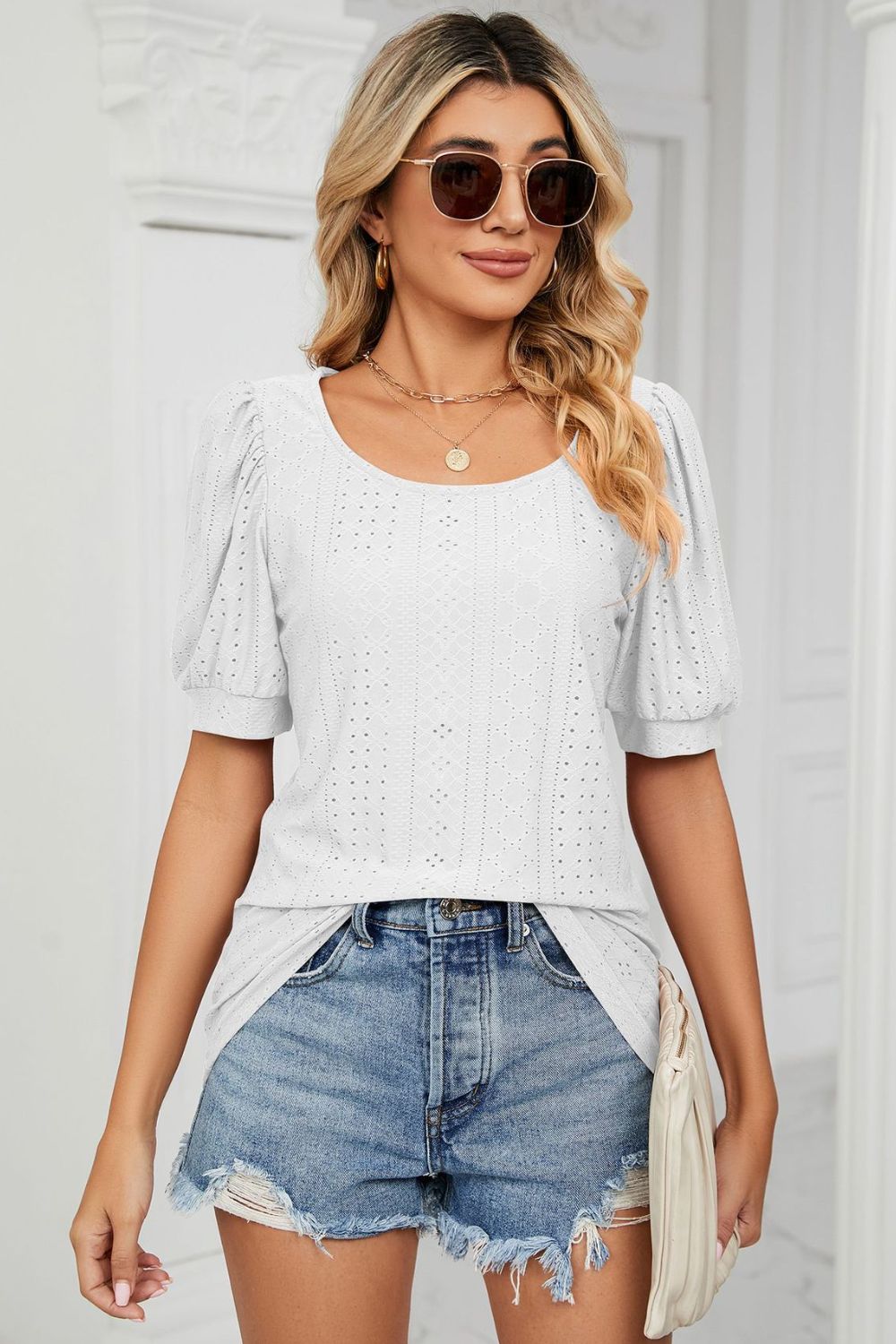 Eyelet Puff Sleeve Round Neck Top