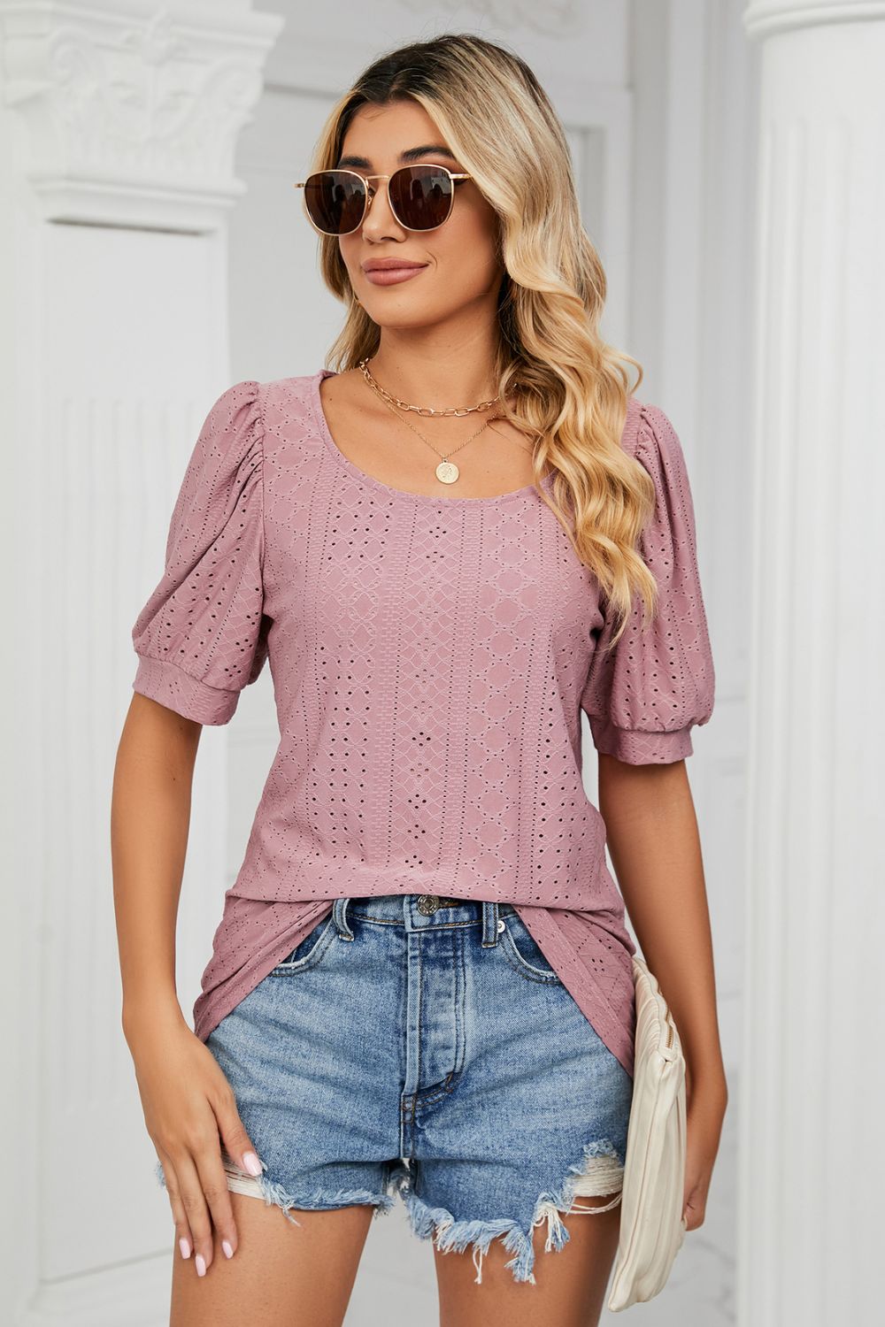 Eyelet Puff Sleeve Round Neck Top