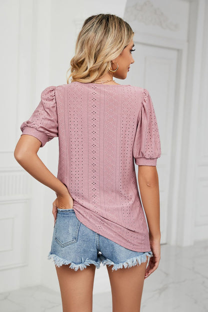 Eyelet Puff Sleeve Round Neck Top