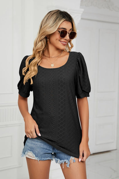 Eyelet Puff Sleeve Round Neck Top