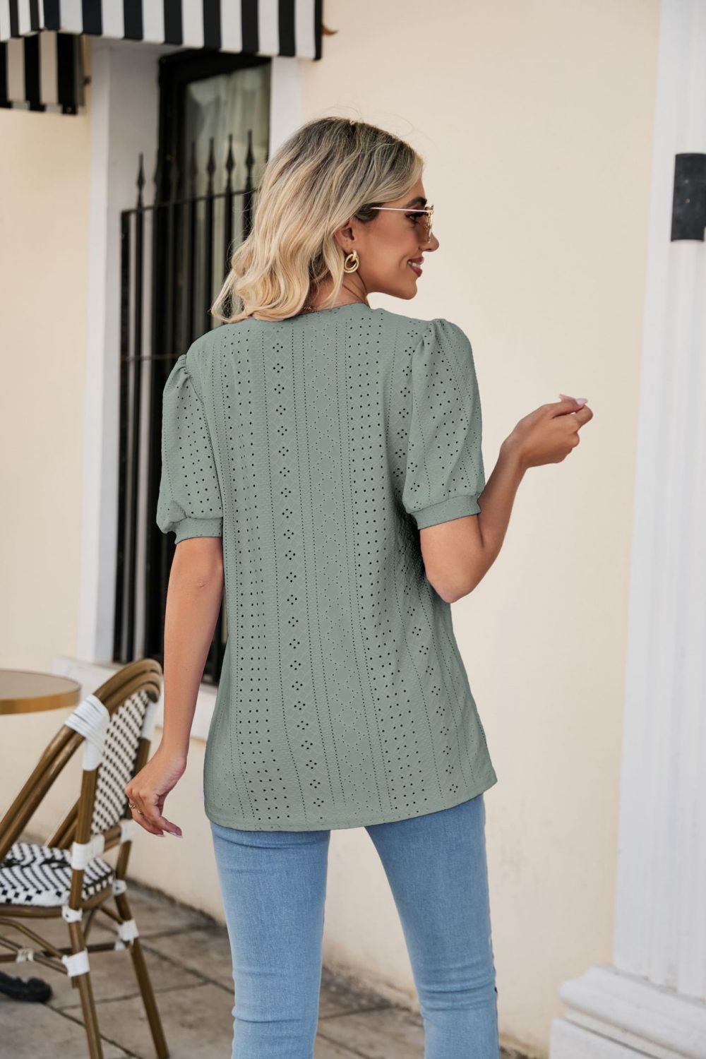 Eyelet Puff Sleeve V-Neck Top