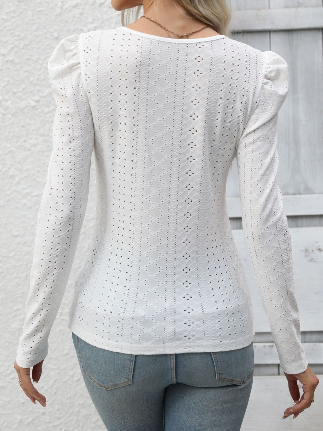 Eyelet Round Neck Puff Sleeve Blouse