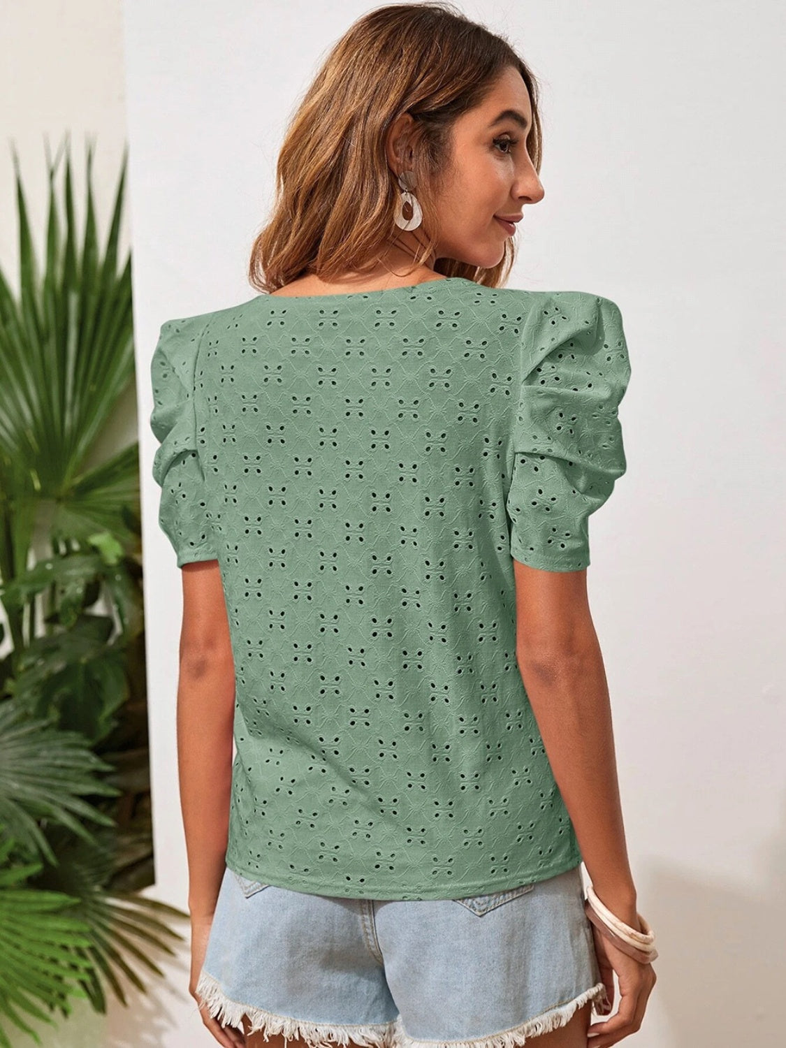 Eyelet Round Neck Puff Sleeve Blouse