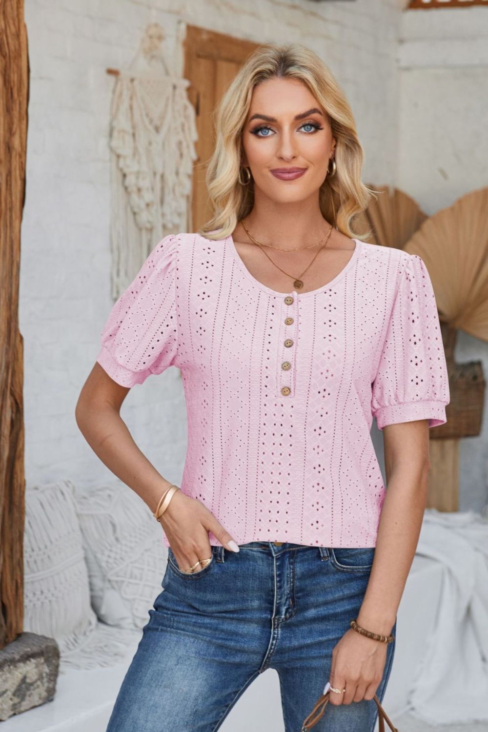 Eyelet Round Neck Short Sleeve Blouse