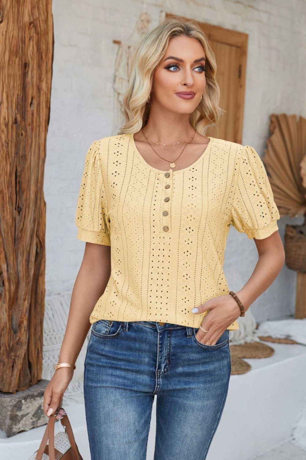 Eyelet Round Neck Short Sleeve Blouse