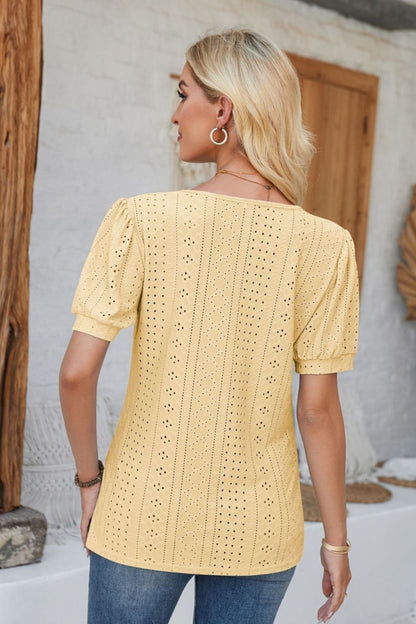 Eyelet Round Neck Short Sleeve Blouse