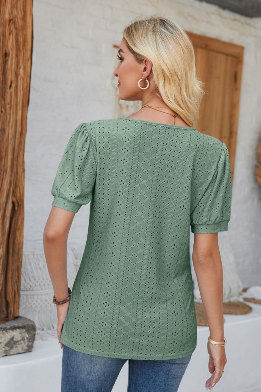 Eyelet Round Neck Short Sleeve Blouse