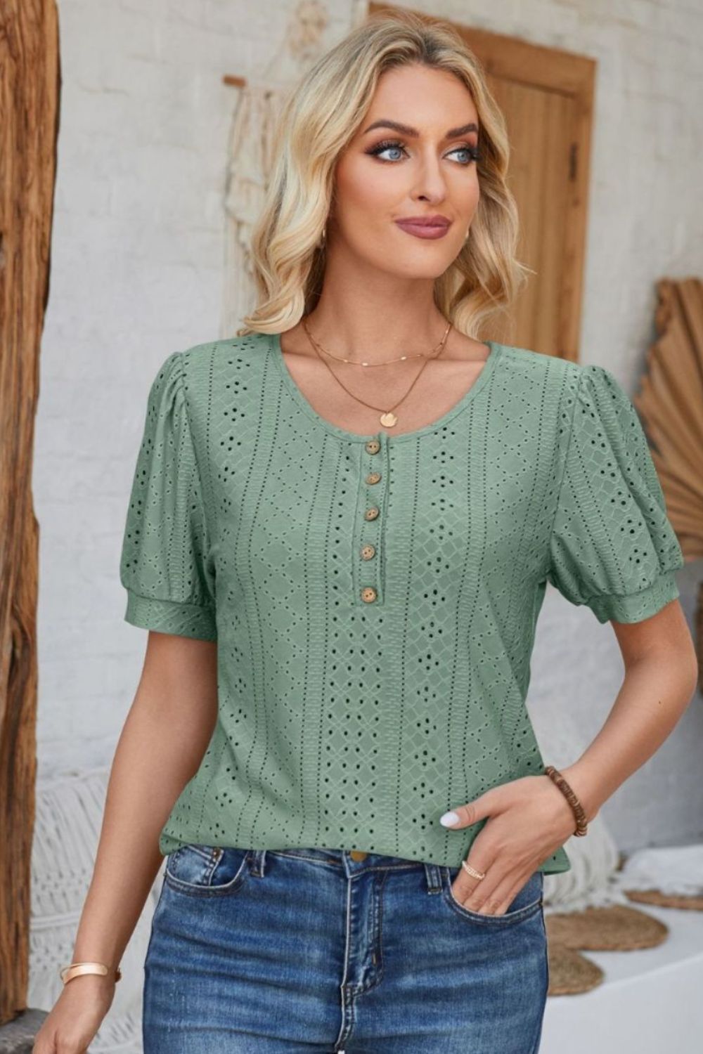 Eyelet Round Neck Short Sleeve Blouse