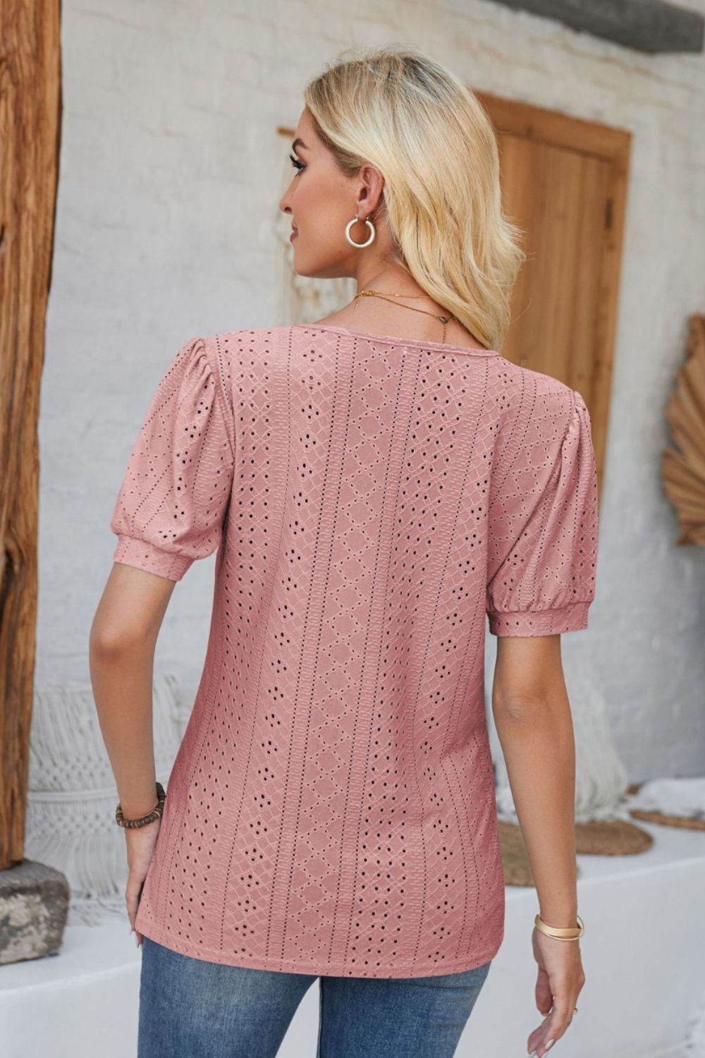 Eyelet Round Neck Short Sleeve Blouse