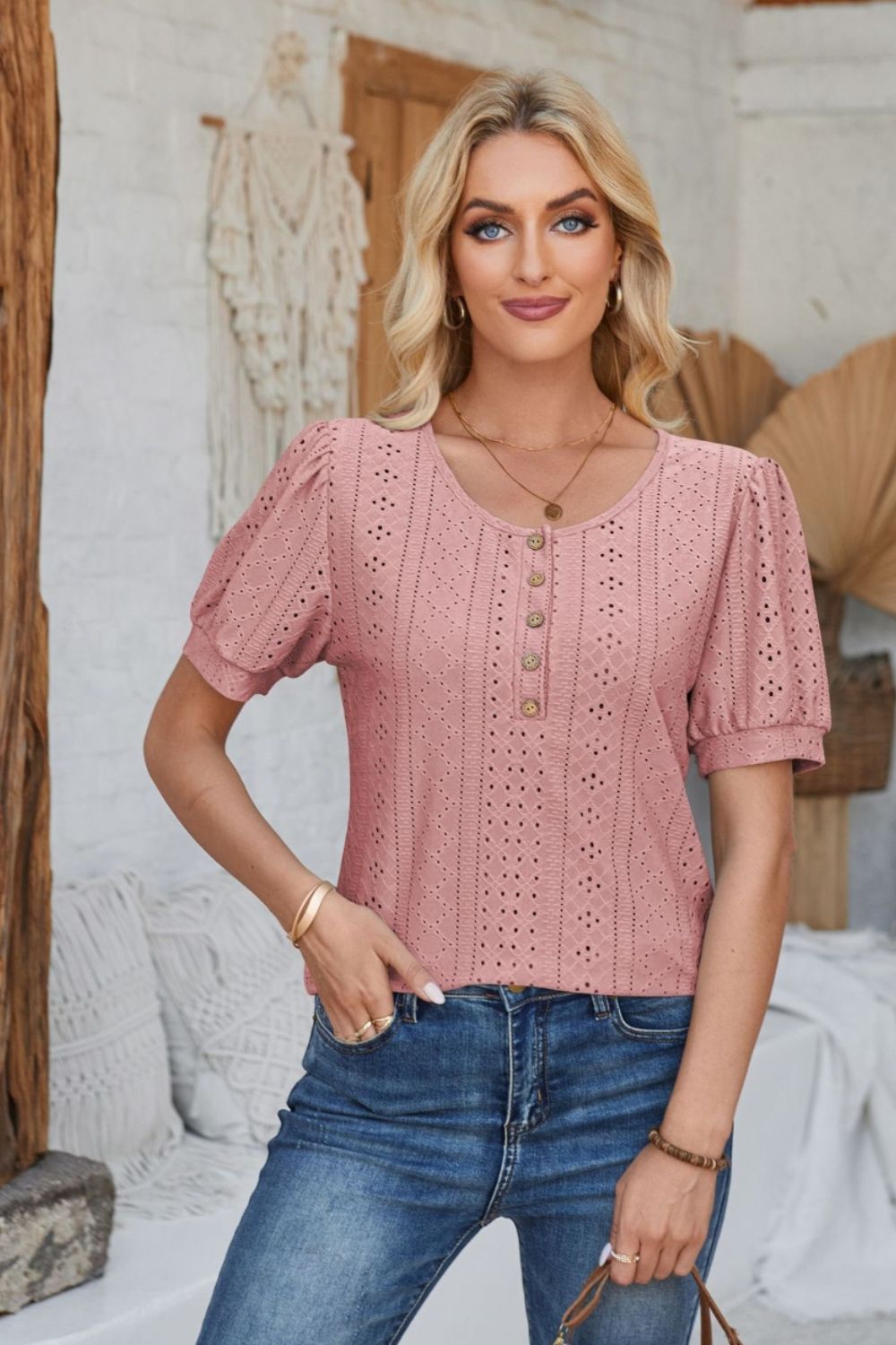 Eyelet Round Neck Short Sleeve Blouse