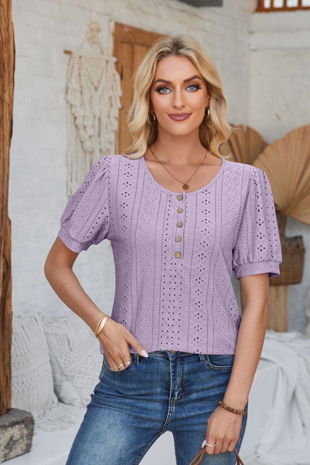 Eyelet Round Neck Short Sleeve Blouse