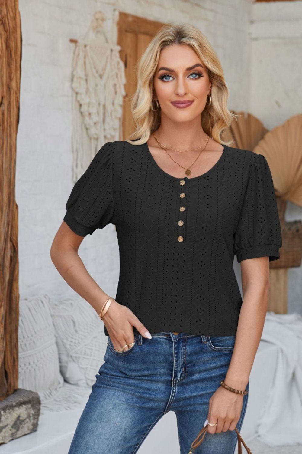 Eyelet Round Neck Short Sleeve Blouse