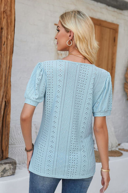 Eyelet Round Neck Short Sleeve Blouse