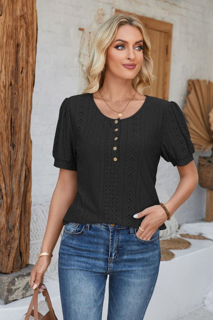 Eyelet Round Neck Short Sleeve Blouse