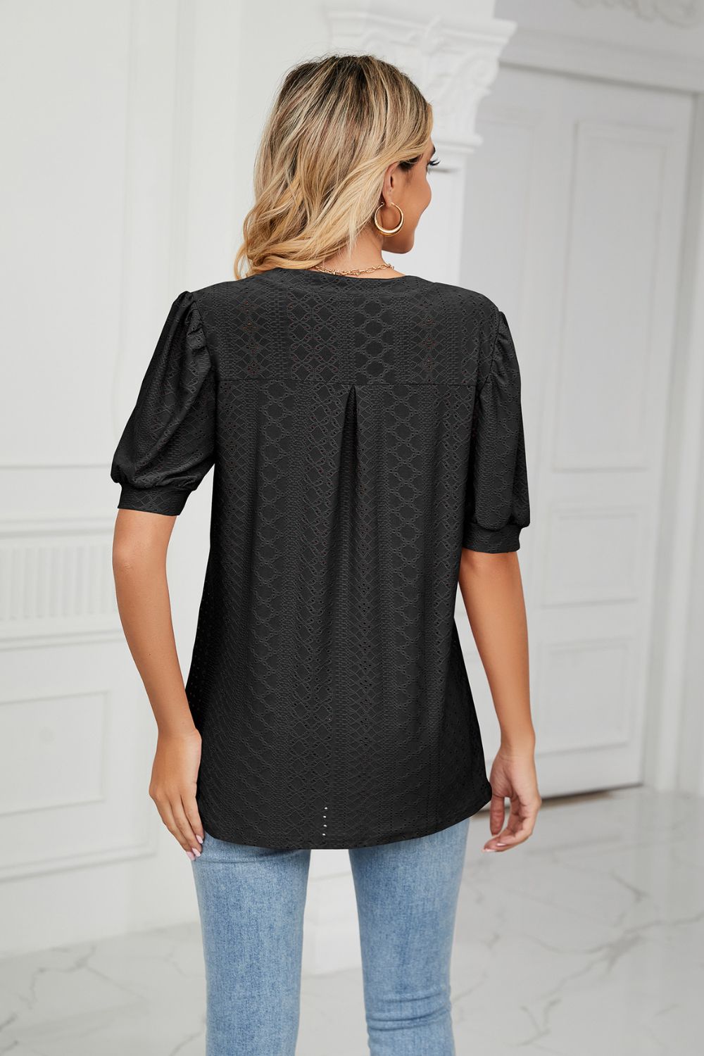 Eyelet Short Puff Sleeve Notched Neck Top