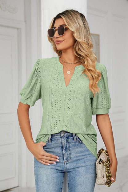 Eyelet Short Puff Sleeve Notched Neck Top