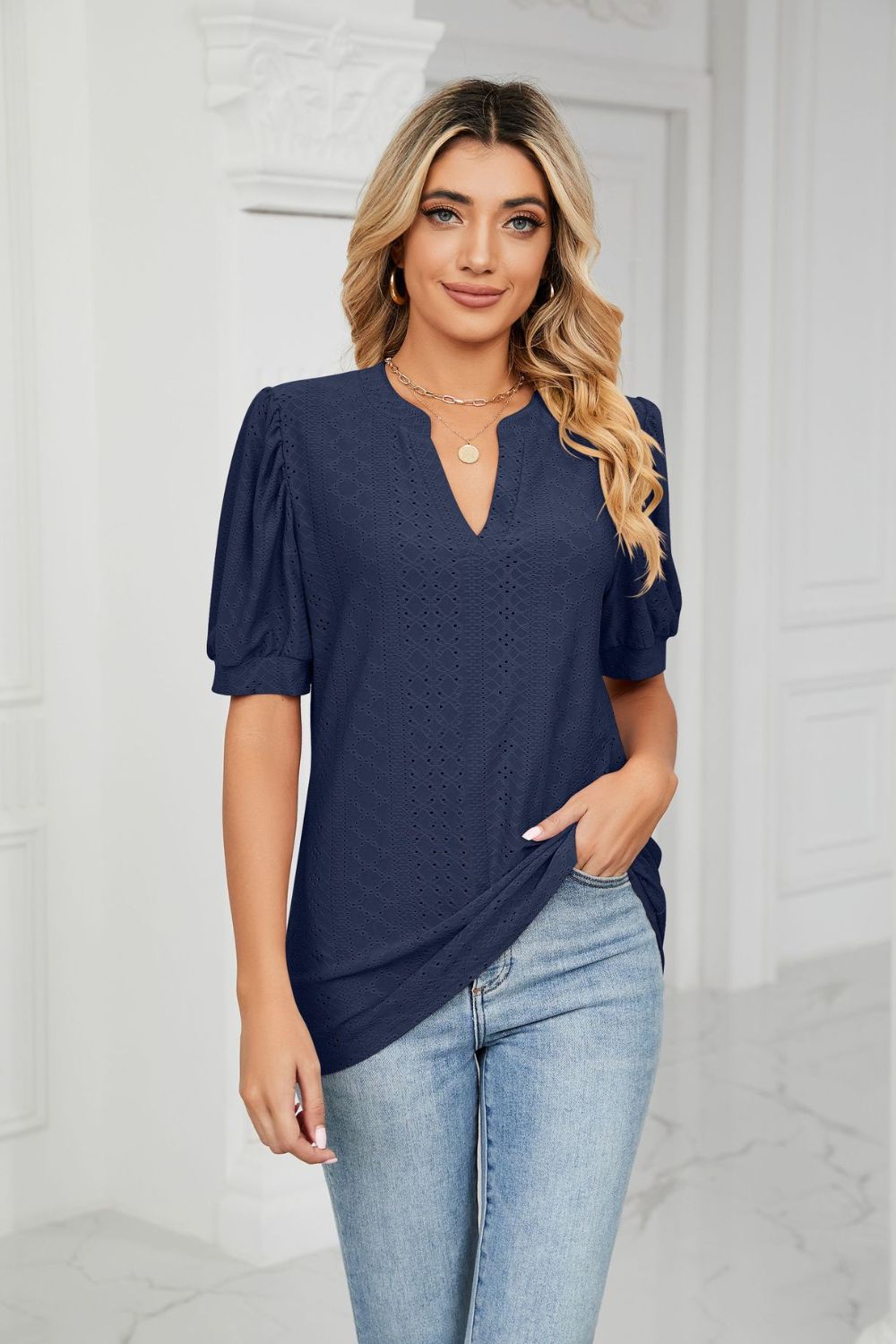 Eyelet Short Puff Sleeve Notched Neck Top