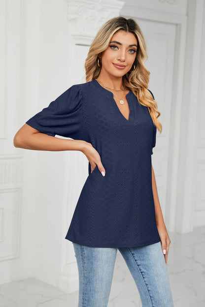 Eyelet Short Puff Sleeve Notched Neck Top