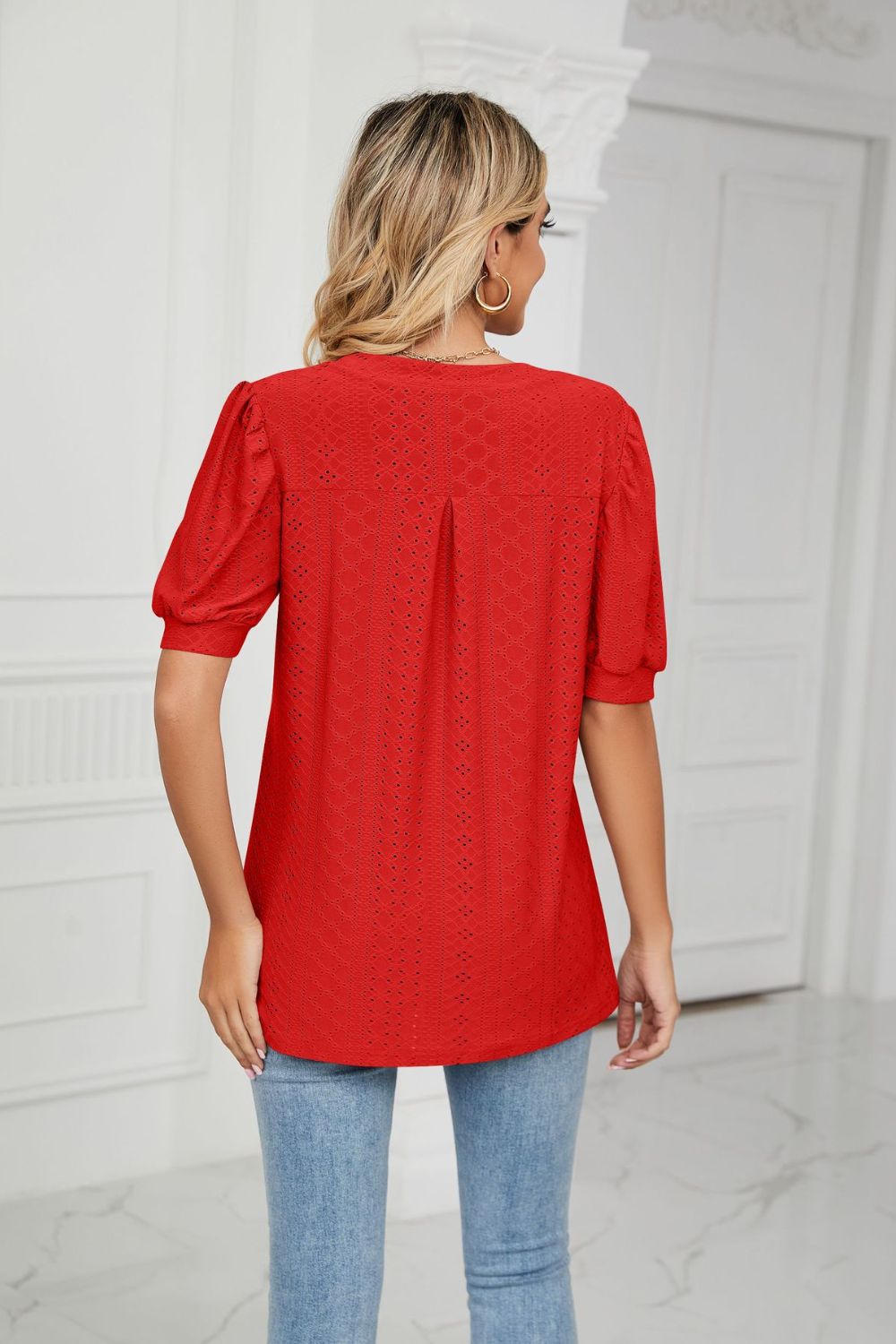 Eyelet Short Puff Sleeve Notched Neck Top