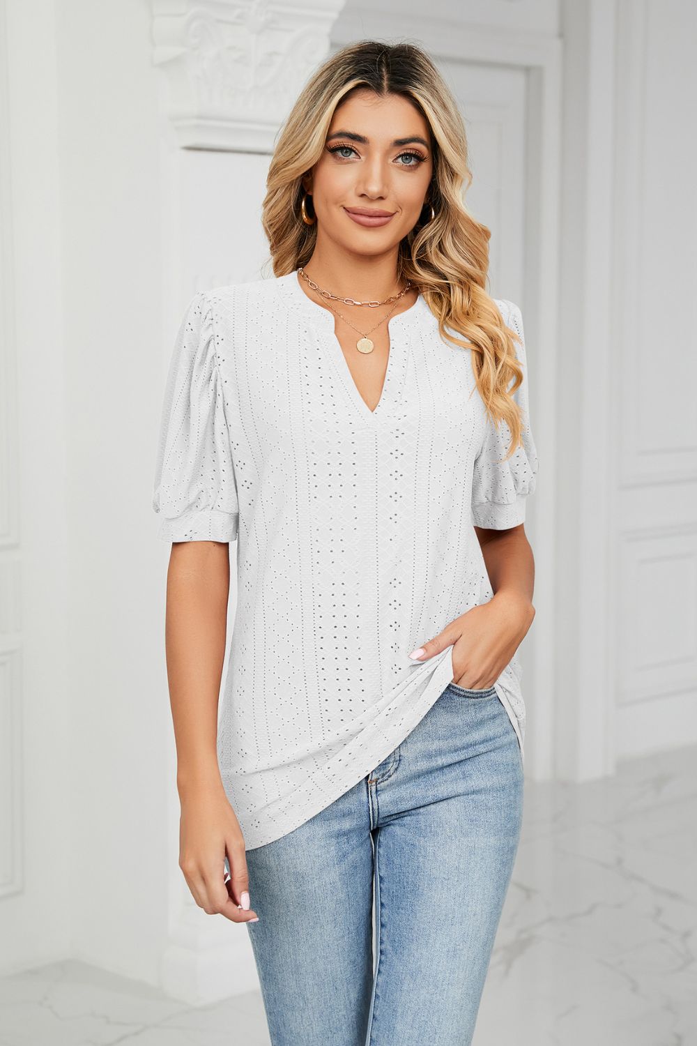 Eyelet Short Puff Sleeve Notched Neck Top