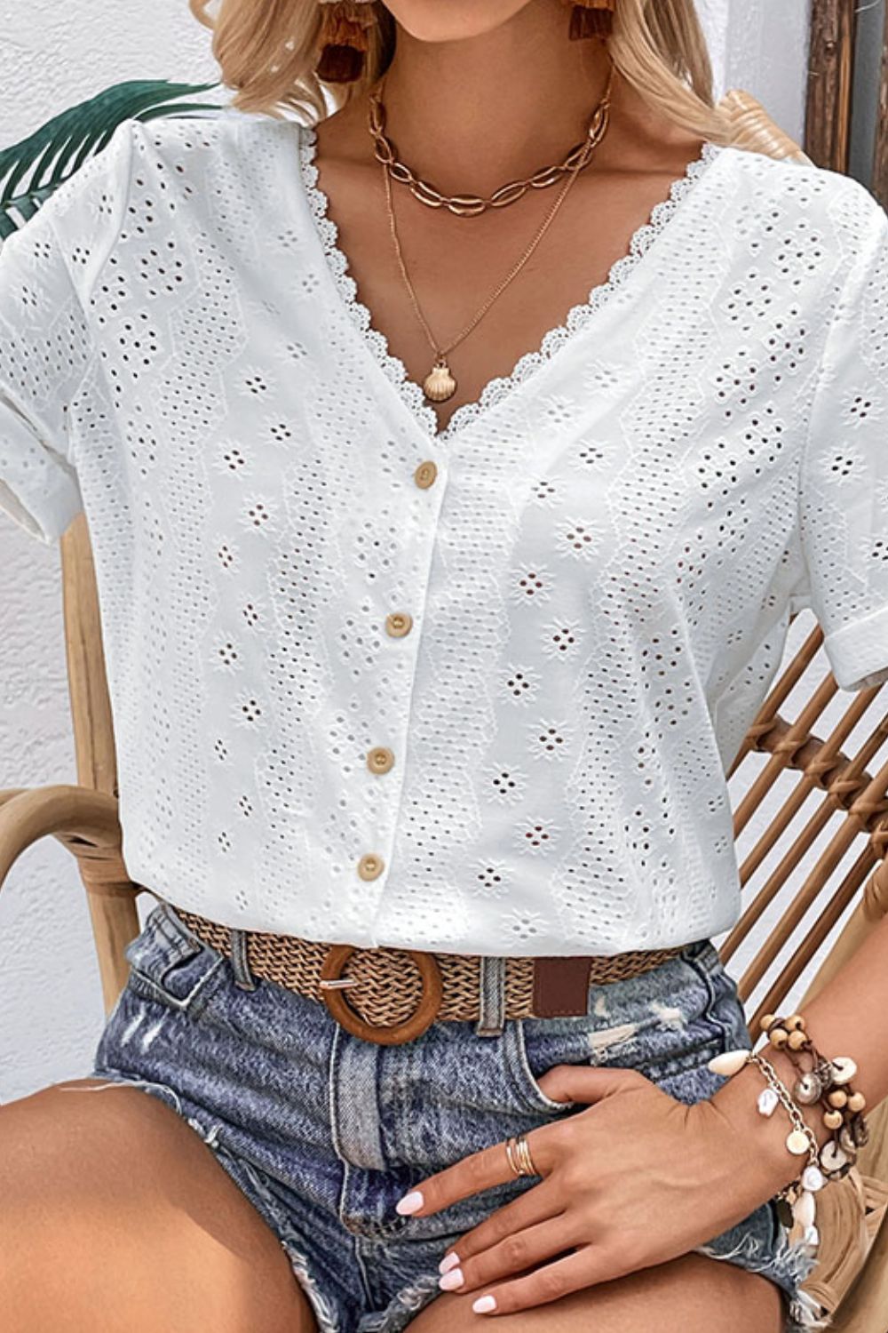 Eyelet Short Sleeve Double-Sided Shirt